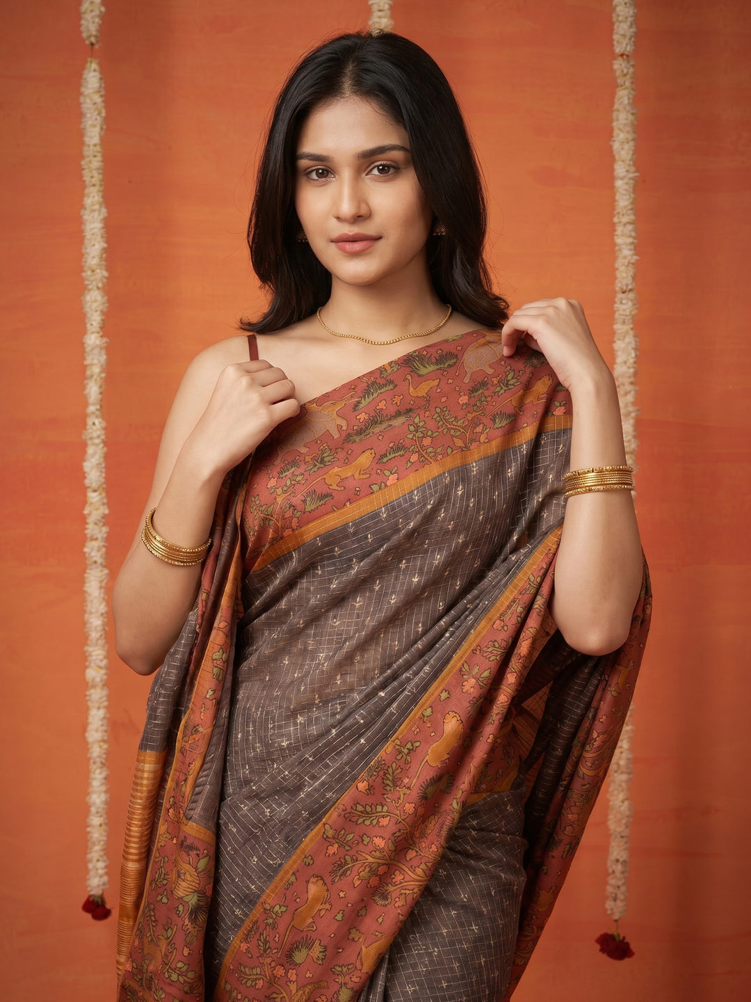 Grey Digital Print Cotton Blend Saree