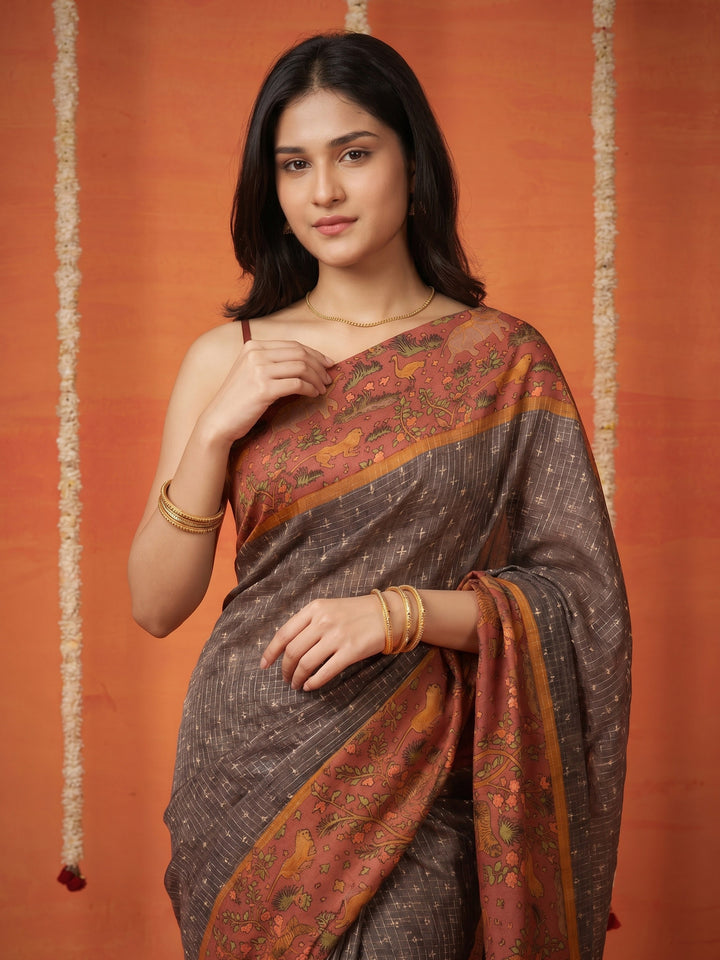 Grey Digital Print Cotton Blend Saree