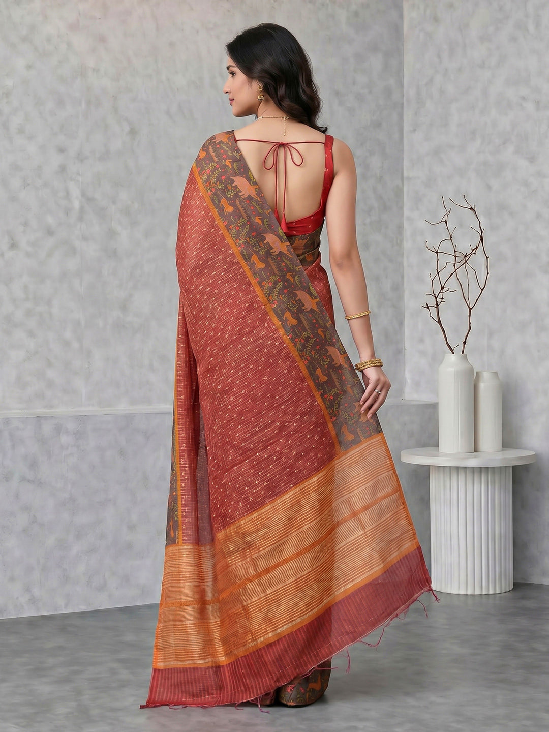 Pink Digital Print Cotton Blend Saree