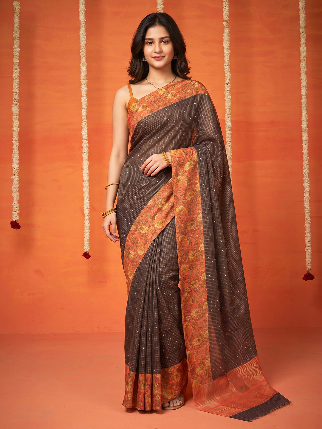 Grey Digital Print Cotton Blend Saree