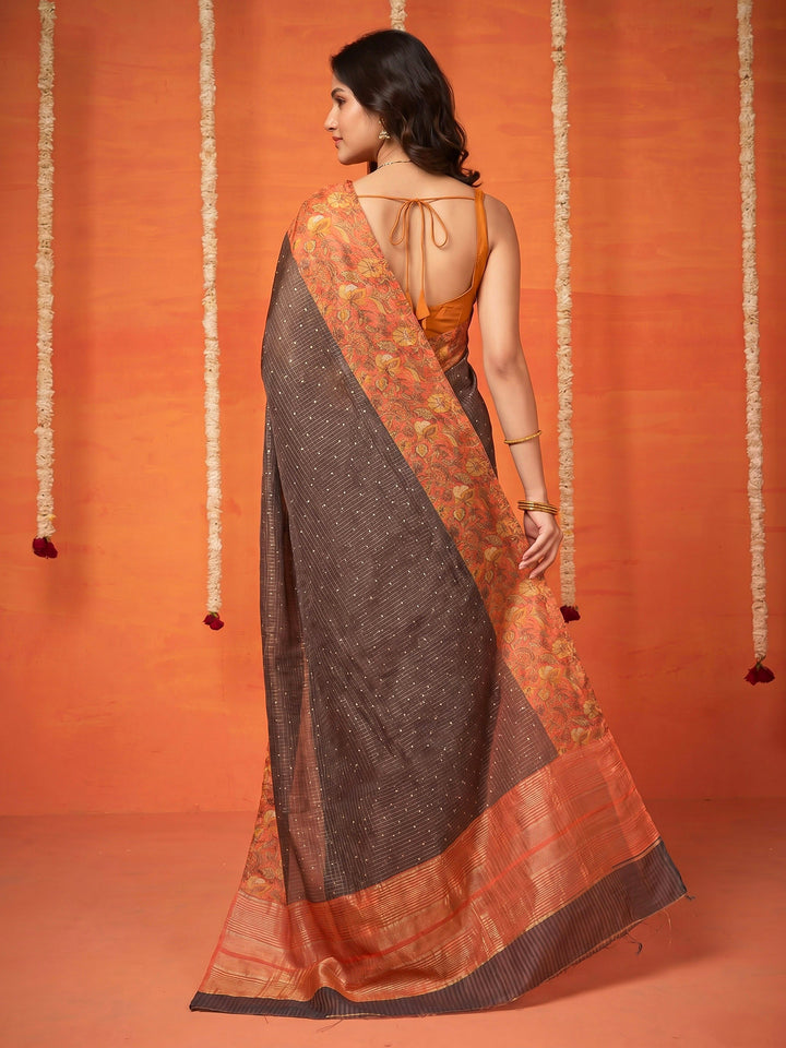 Grey Digital Print Cotton Blend Saree