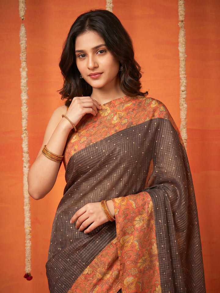 Grey Digital Print Cotton Blend Saree