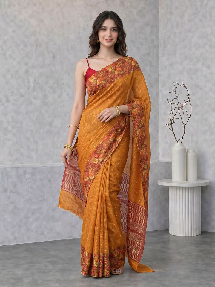 Mustard Digital Print Cotton Blend Saree