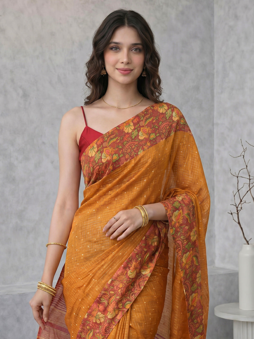 Mustard Digital Print Cotton Blend Saree