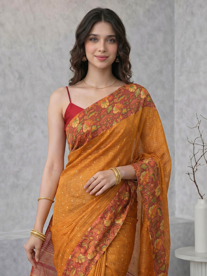 Mustard Digital Print Cotton Blend Saree