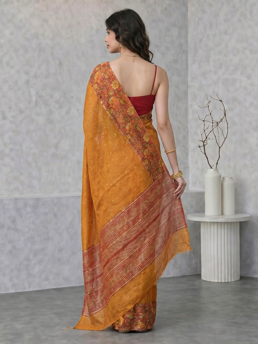 Mustard Digital Print Cotton Blend Saree