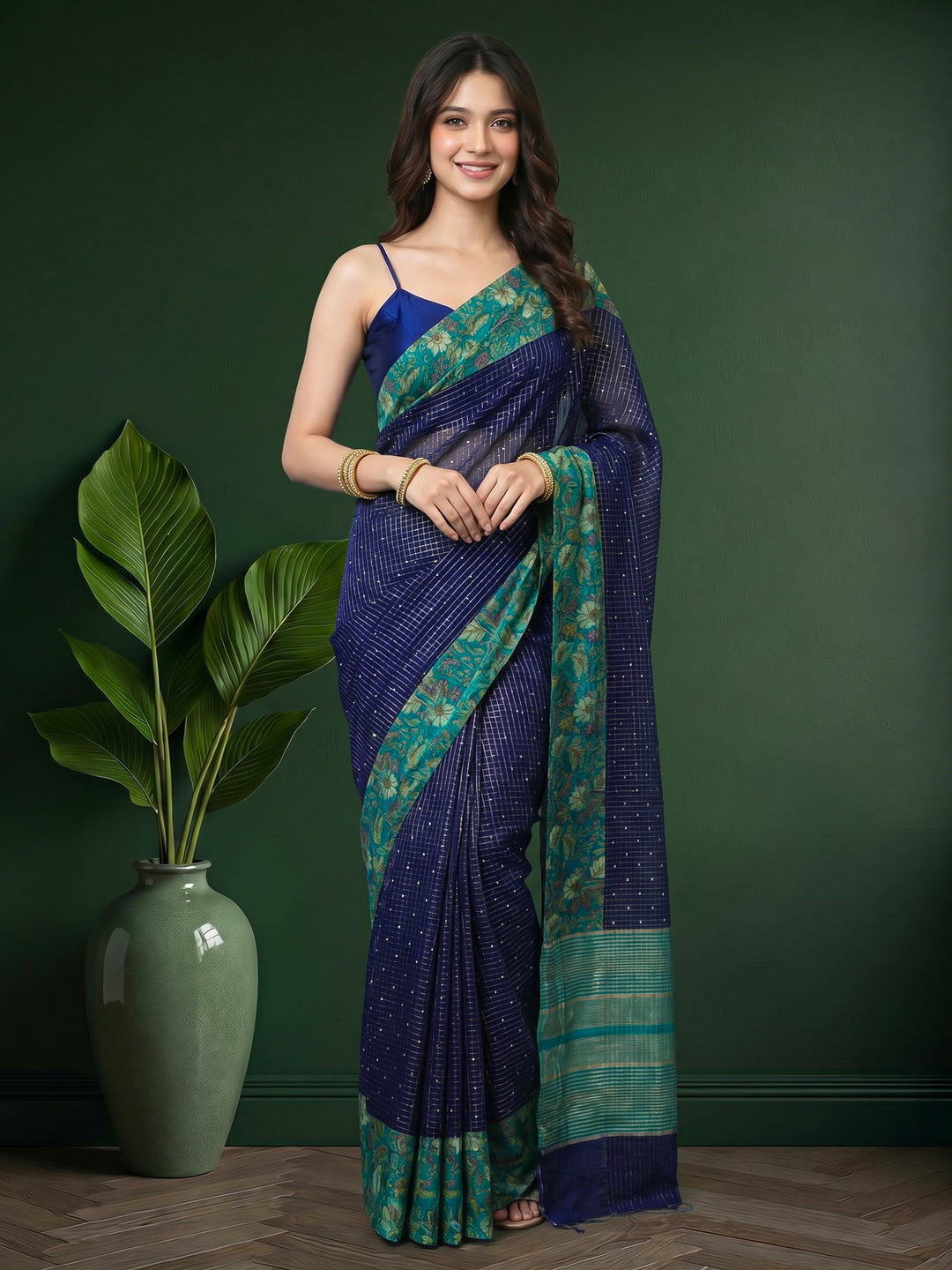 Navy Blue Digital Print Cotton Blend Saree