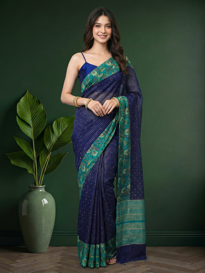 Navy Blue Digital Print Cotton Blend Saree