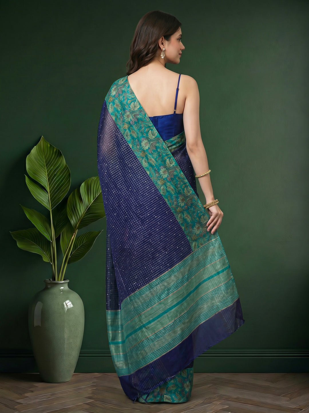 Navy Blue Digital Print Cotton Blend Saree