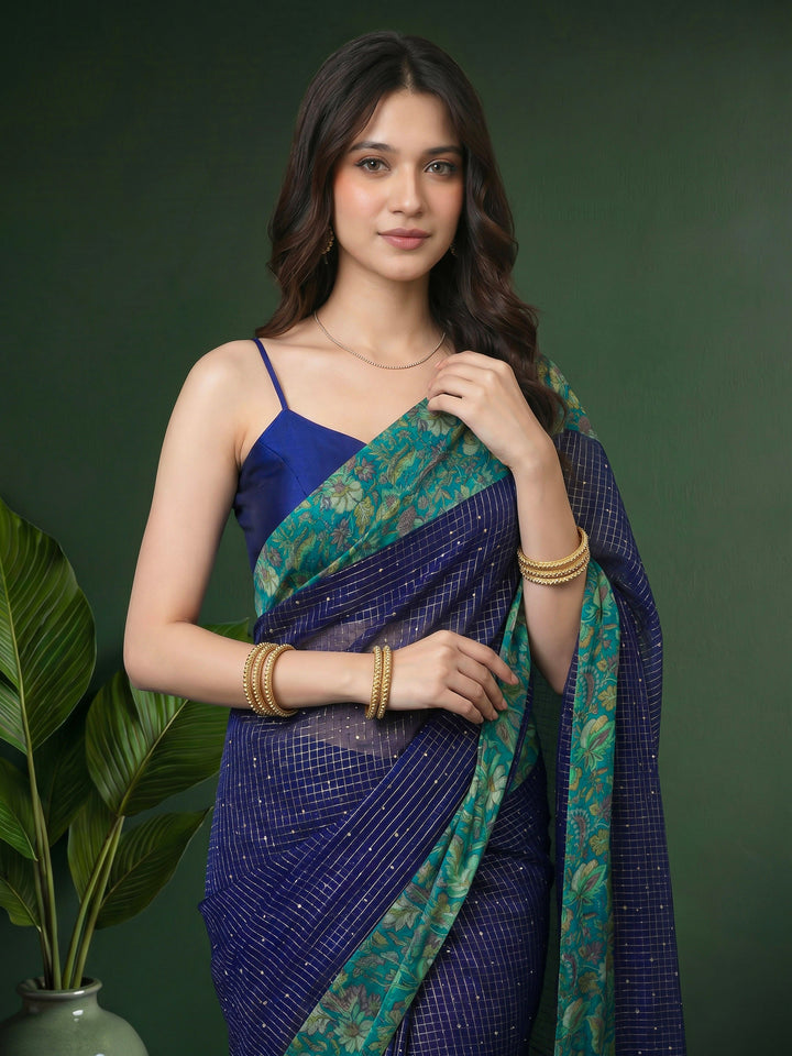 Navy Blue Digital Print Cotton Blend Saree
