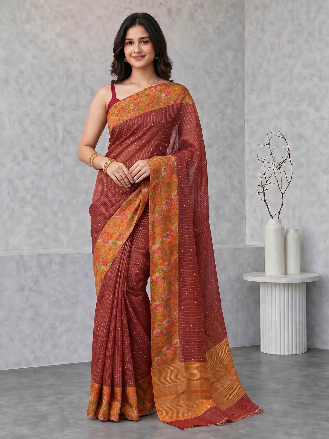 Pink Digital Print Cotton Blend Saree