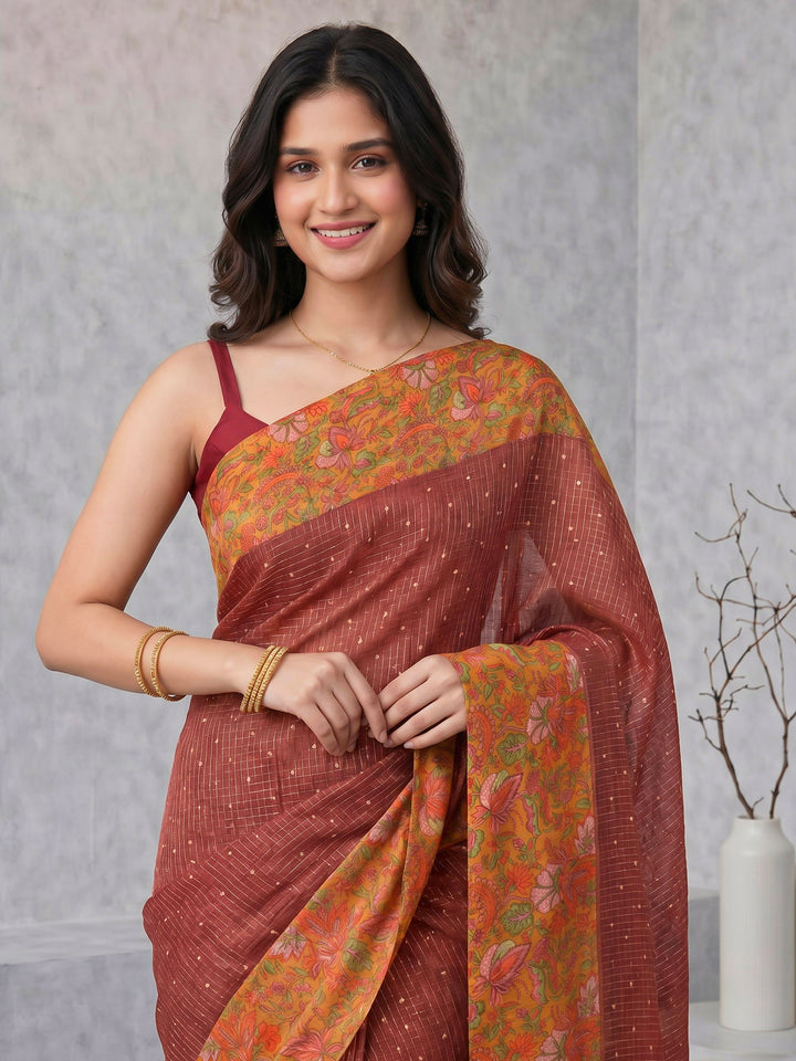 Pink Digital Print Cotton Blend Saree