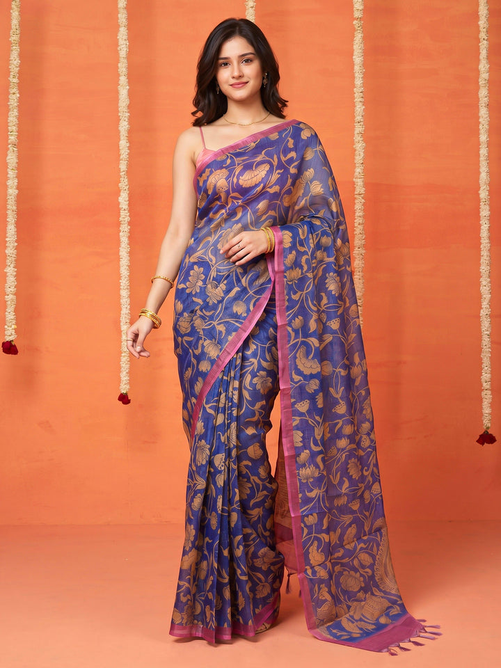 Navy Blue Digital Print Art Silk Saree