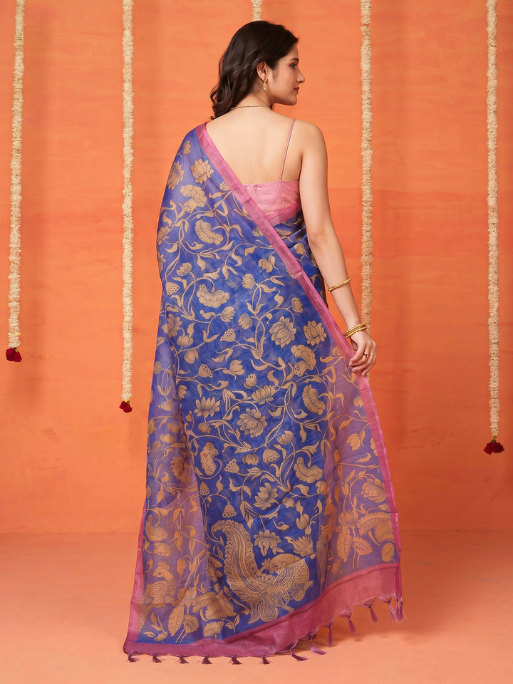 Navy Blue Digital Print Cotton Blend Saree
