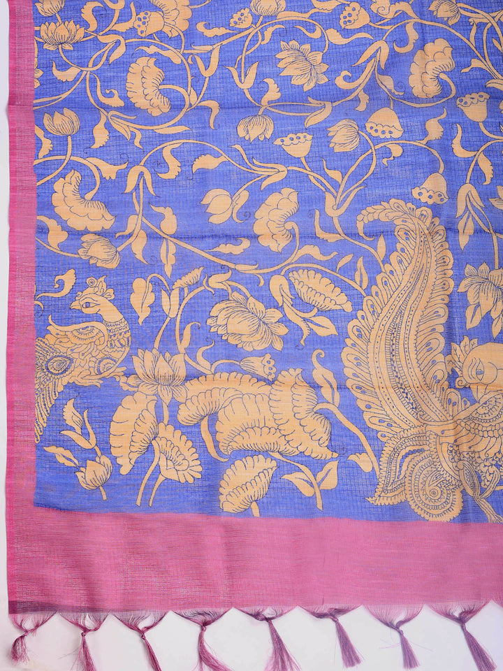 Navy Blue Digital Print Cotton Blend Saree