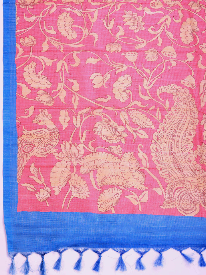 Pink Digital Print Cotton Blend Saree