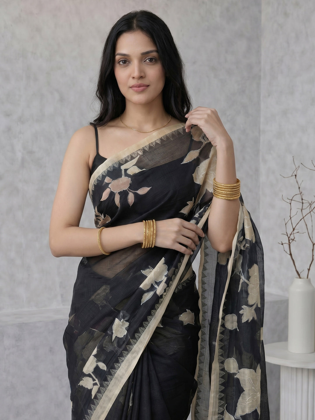 Black Digital Print Cotton Blend Saree