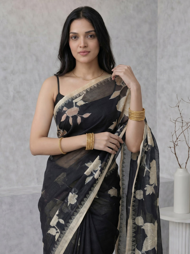 Black Digital Print Cotton Blend Saree