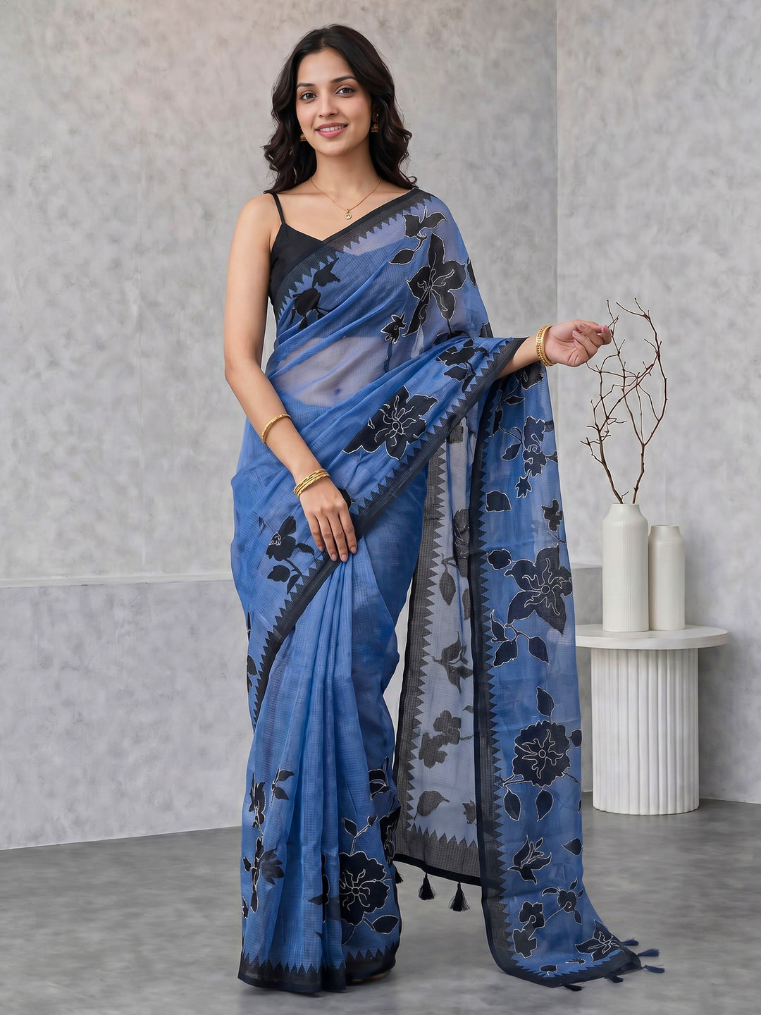 Blue Digital Print Cotton Blend Saree
