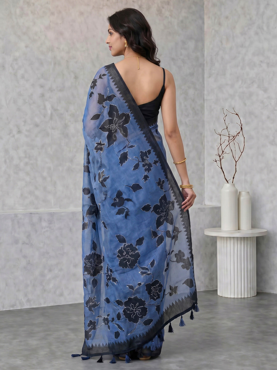 Blue Digital Print Cotton Blend Saree