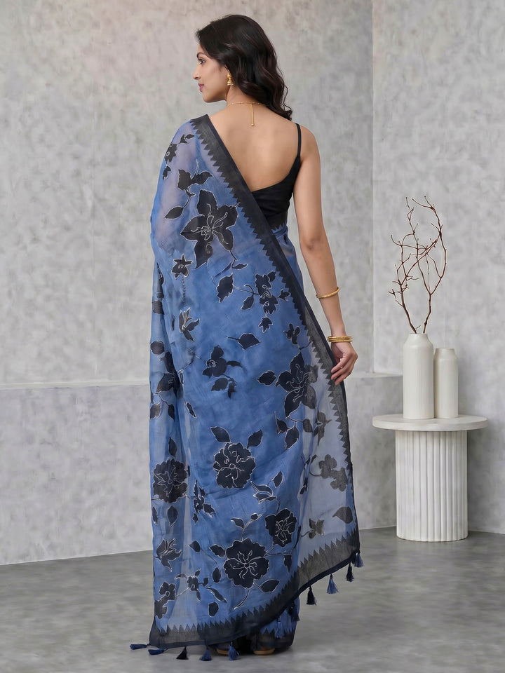 Blue Digital Print Cotton Blend Saree