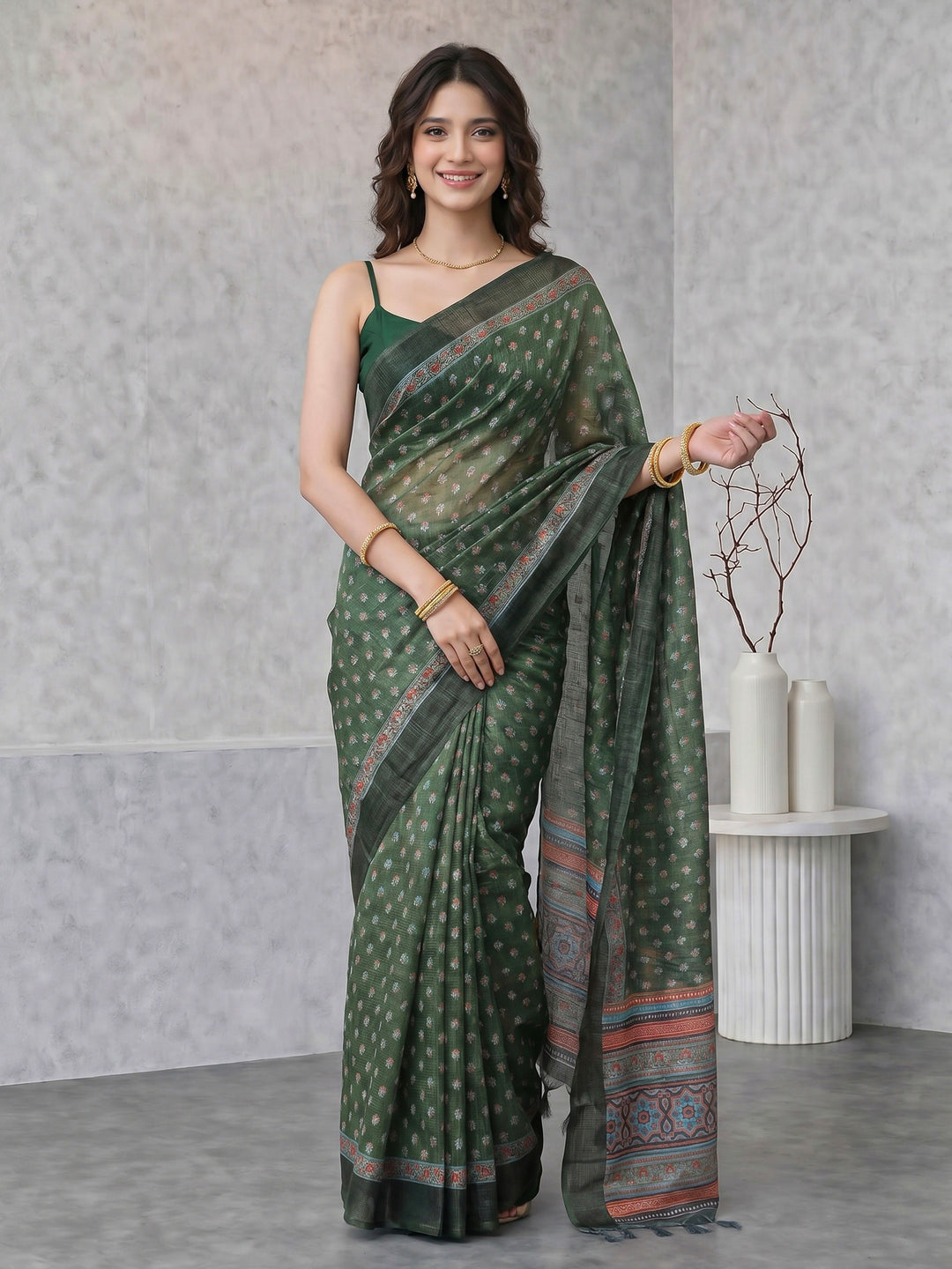 Green Digital Print Cotton Blend Saree