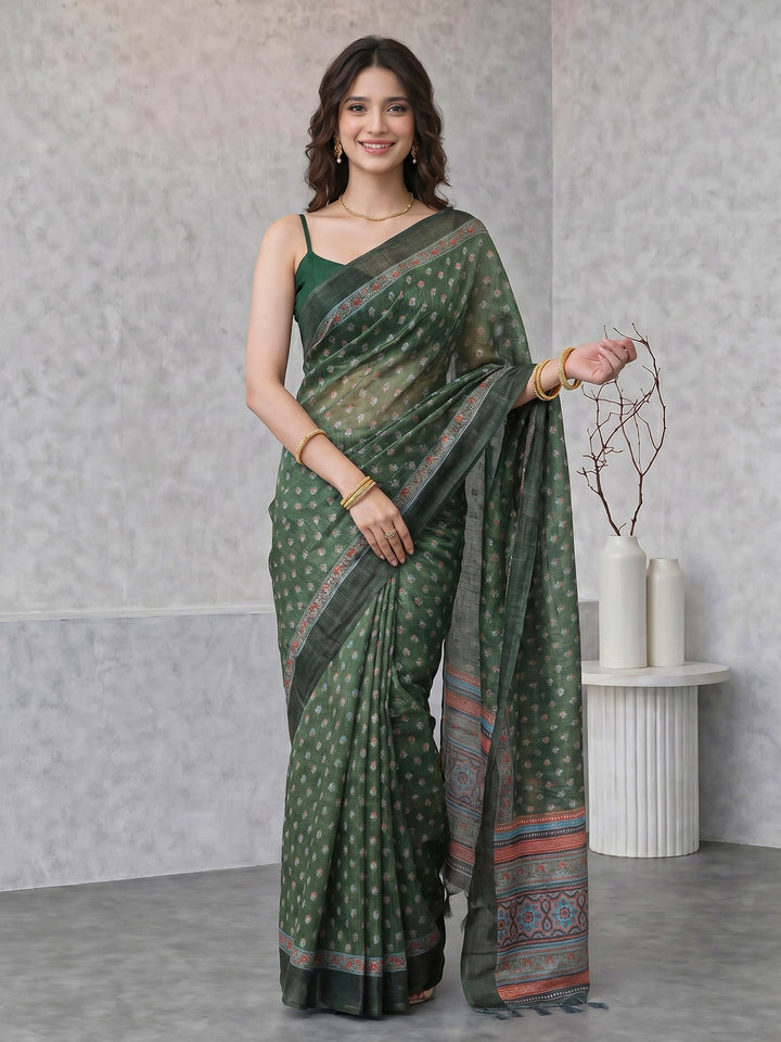 Green Digital Print Cotton Blend Saree