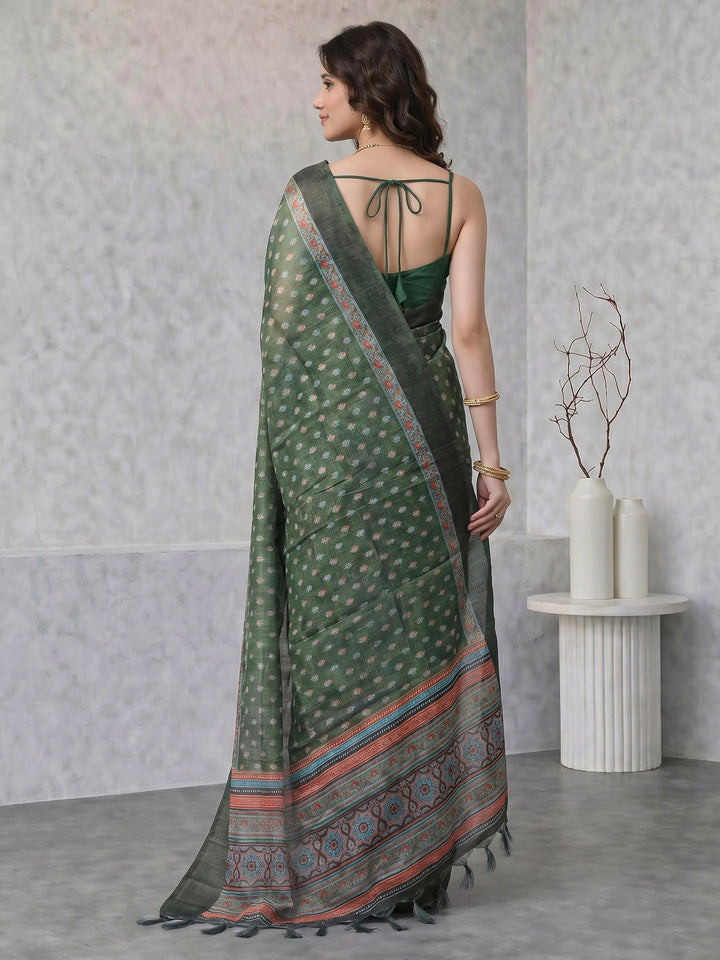 Green Digital Print Cotton Blend Saree