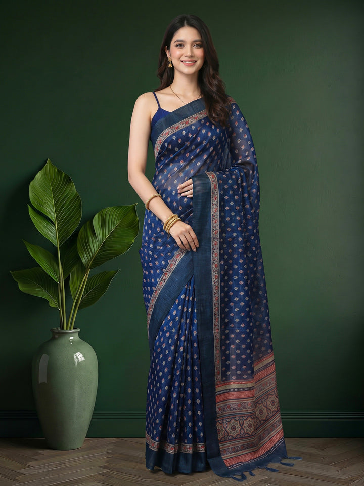 Navy Blue Digital Print Cotton Blend Saree