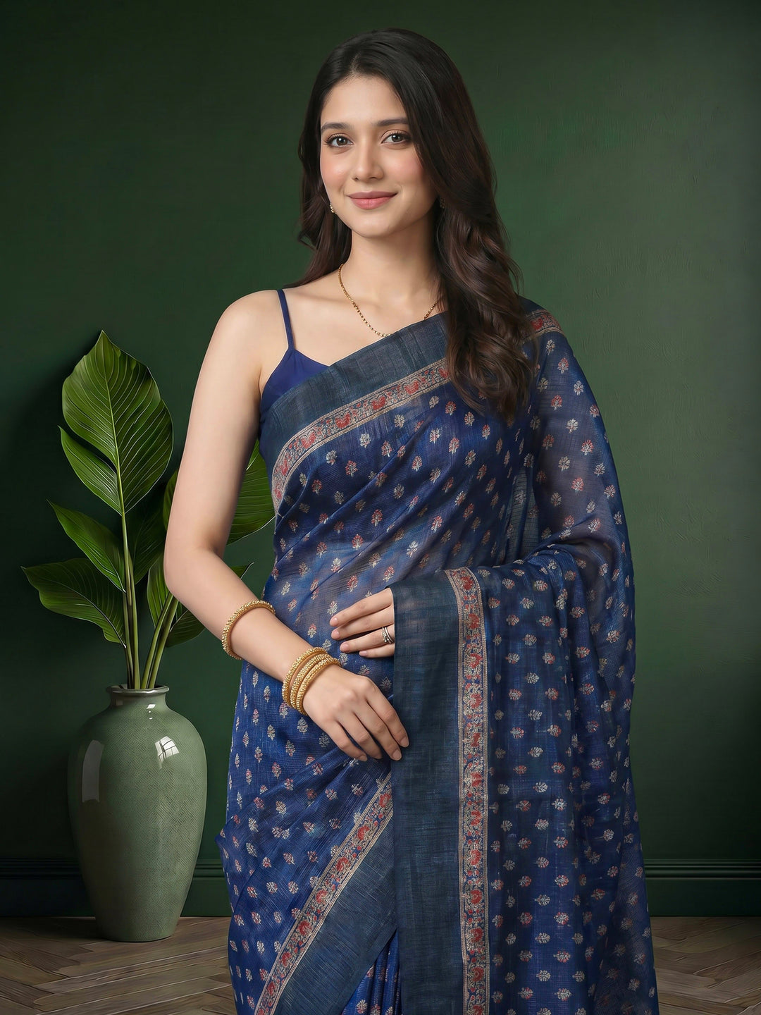 Navy Blue Digital Print Cotton Blend Saree