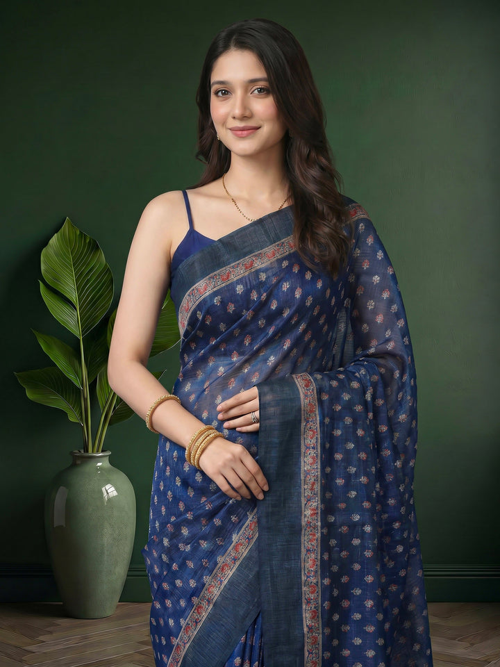 Navy Blue Digital Print Cotton Blend Saree