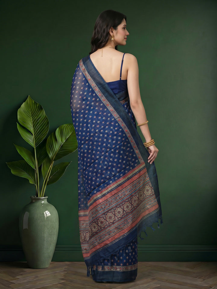 Navy Blue Digital Print Cotton Blend Saree