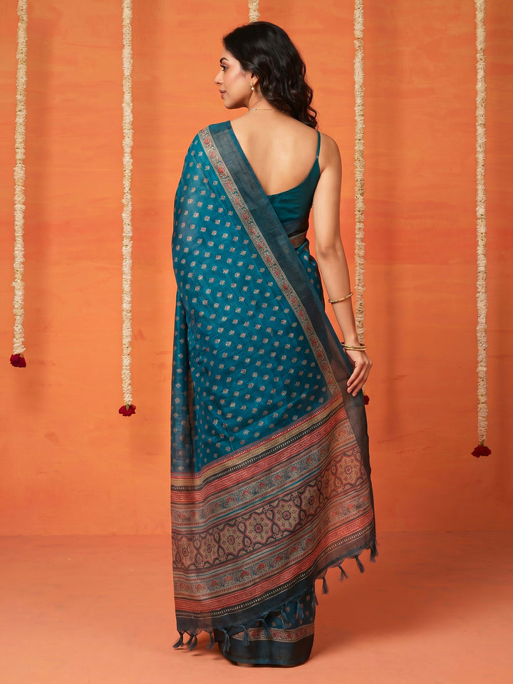 Teal Blue Digital Print Cotton Blend Saree