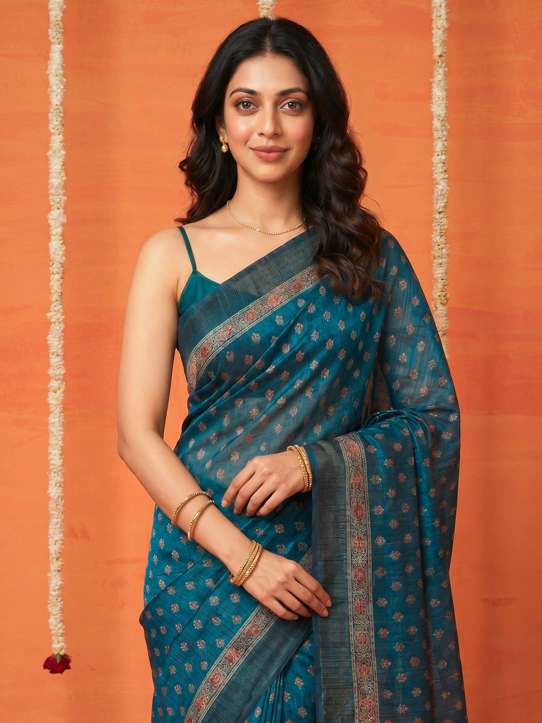 Teal Blue Digital Print Cotton Blend Saree