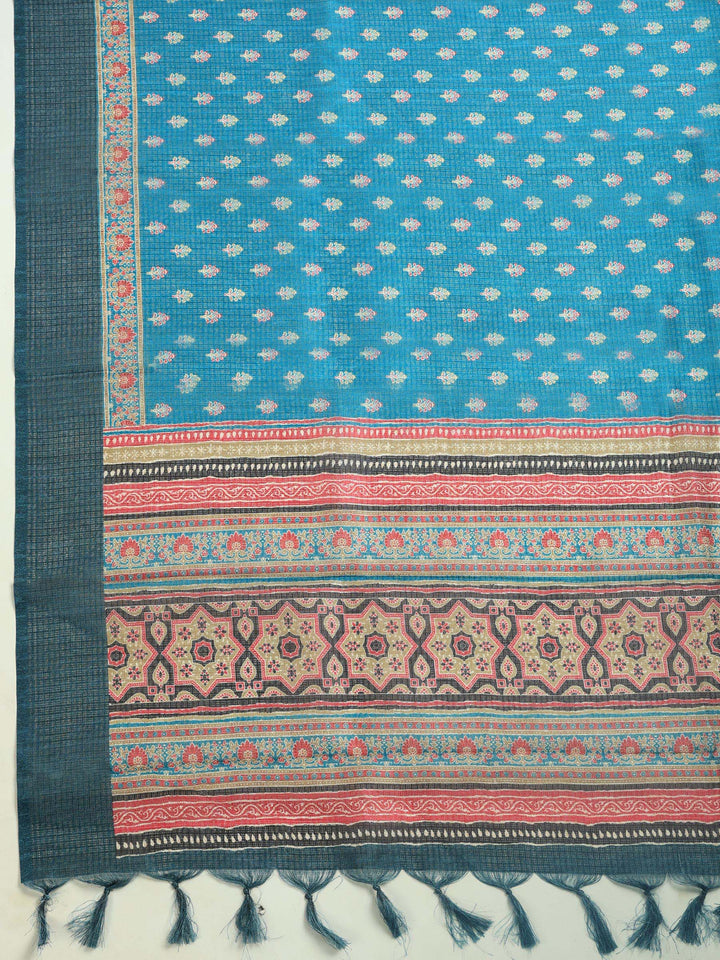 Teal Blue Digital Print Cotton Blend Saree