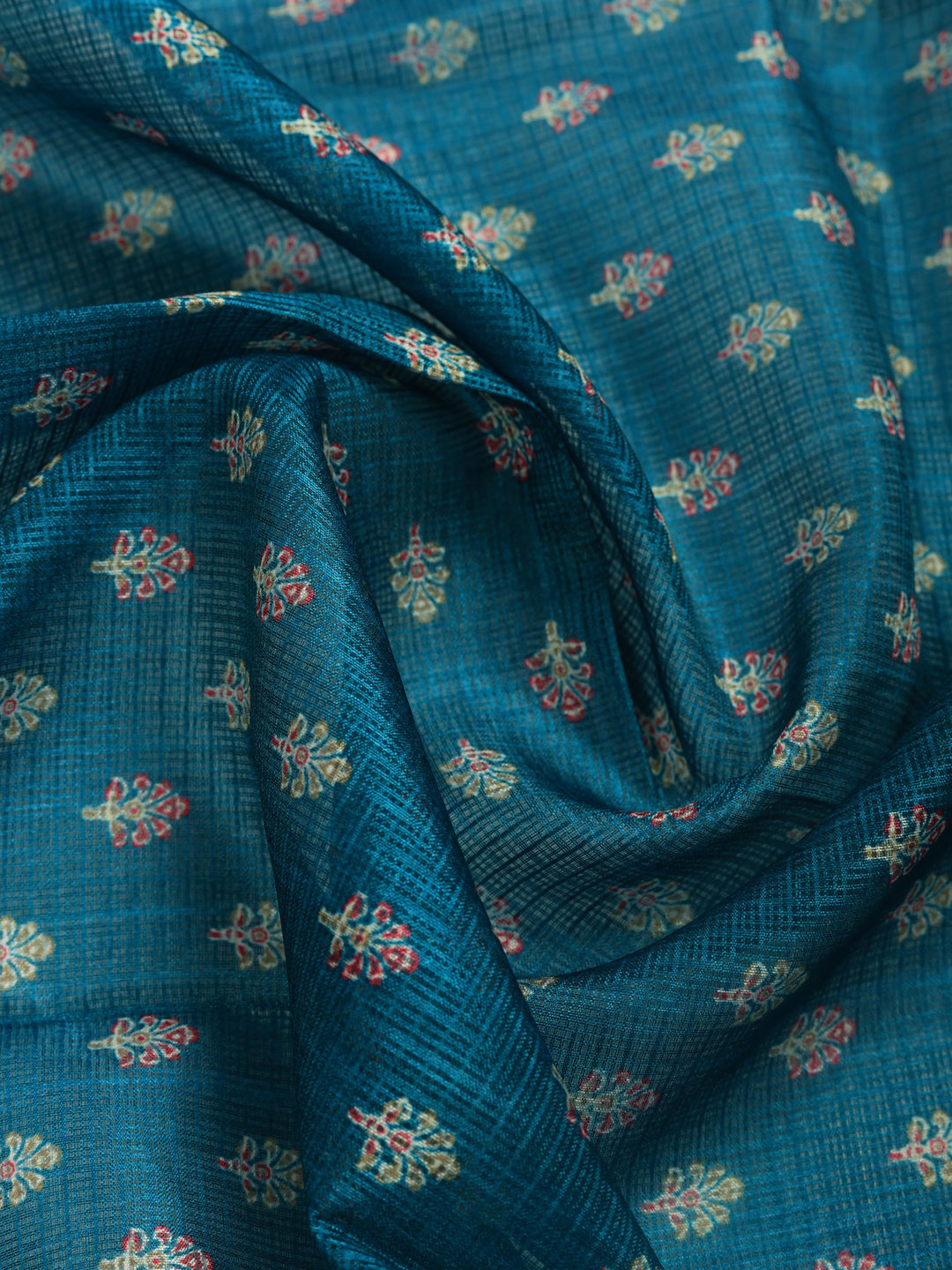 Teal Blue Digital Print Cotton Blend Saree