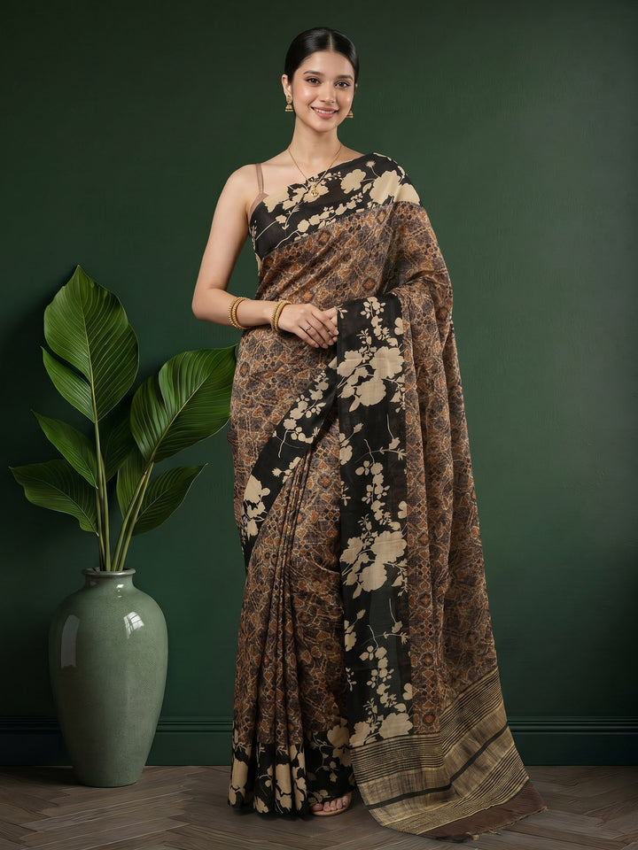 Black Digital Print Cotton Blend Saree