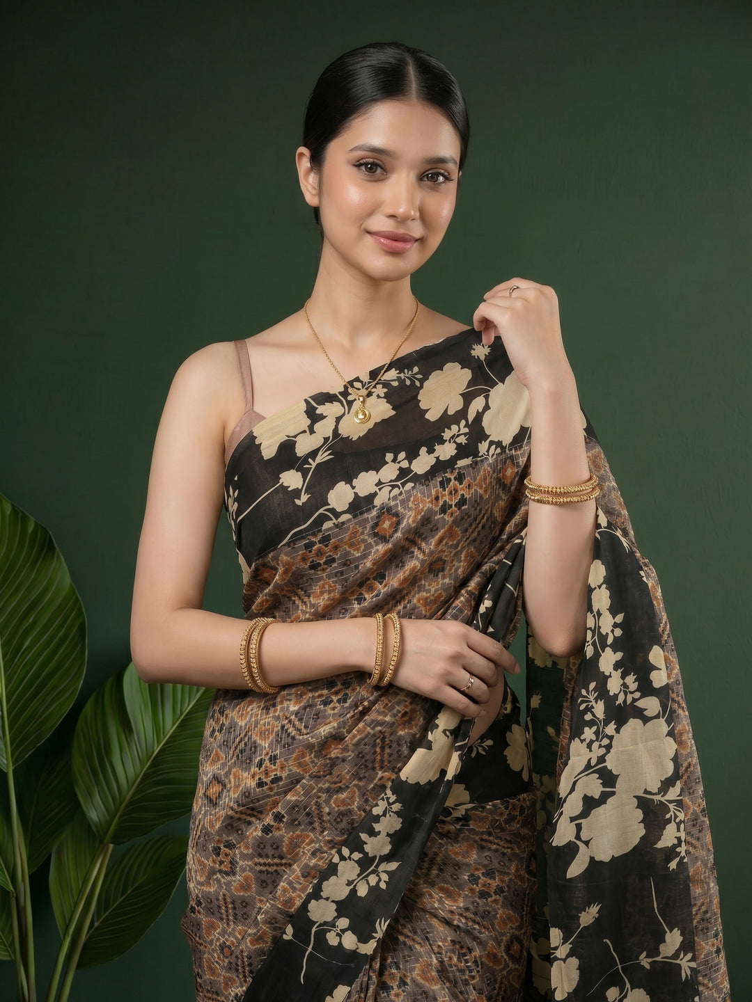 Black Digital Print Cotton Blend Saree