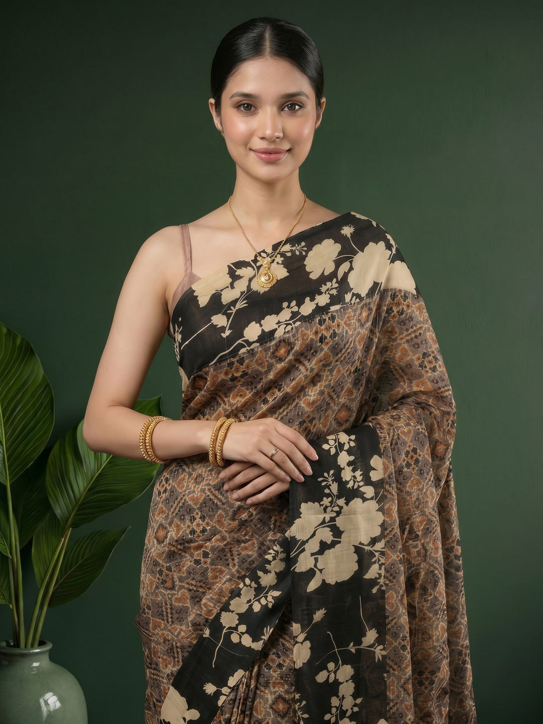Black Digital Print Cotton Blend Saree