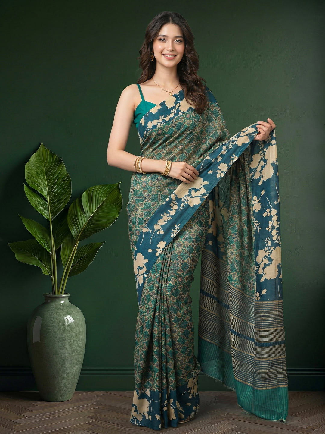 Blue Digital Print Cotton Blend Saree