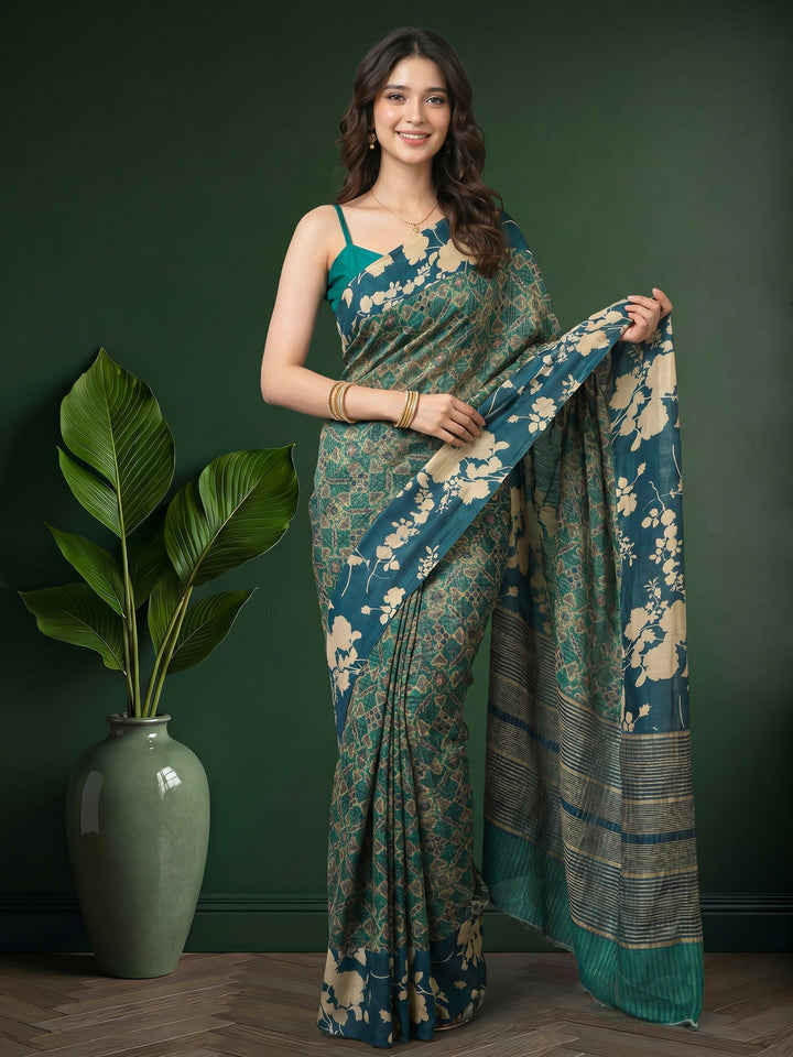 Blue Digital Print Cotton Blend Saree