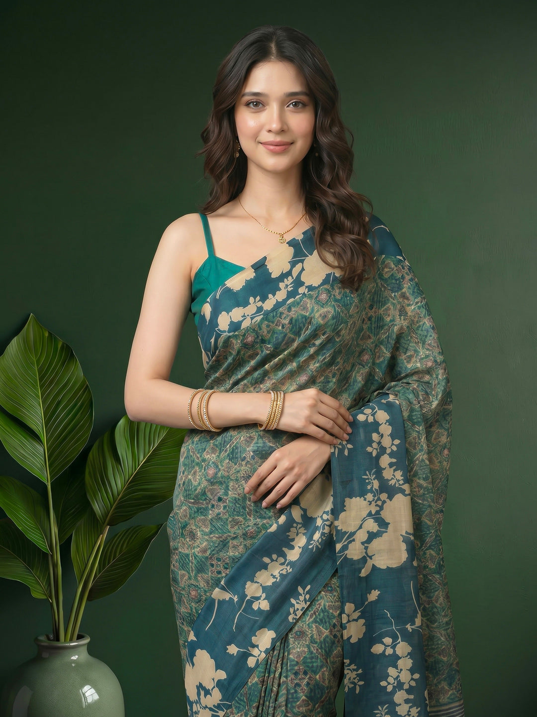 Blue Digital Print Cotton Blend Saree