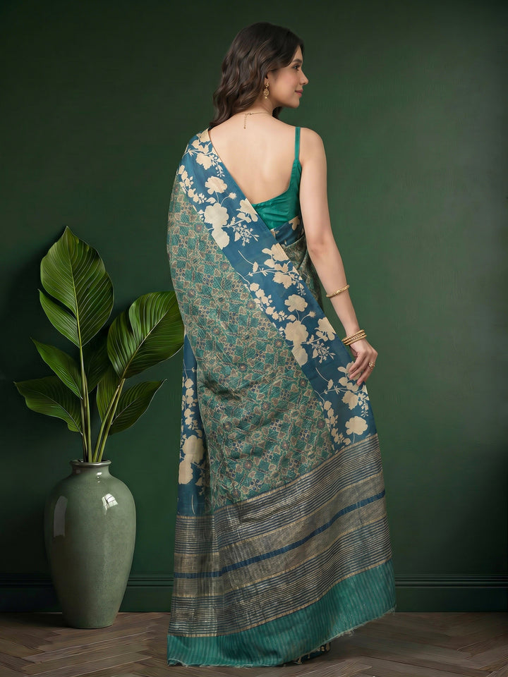 Blue Digital Print Cotton Blend Saree