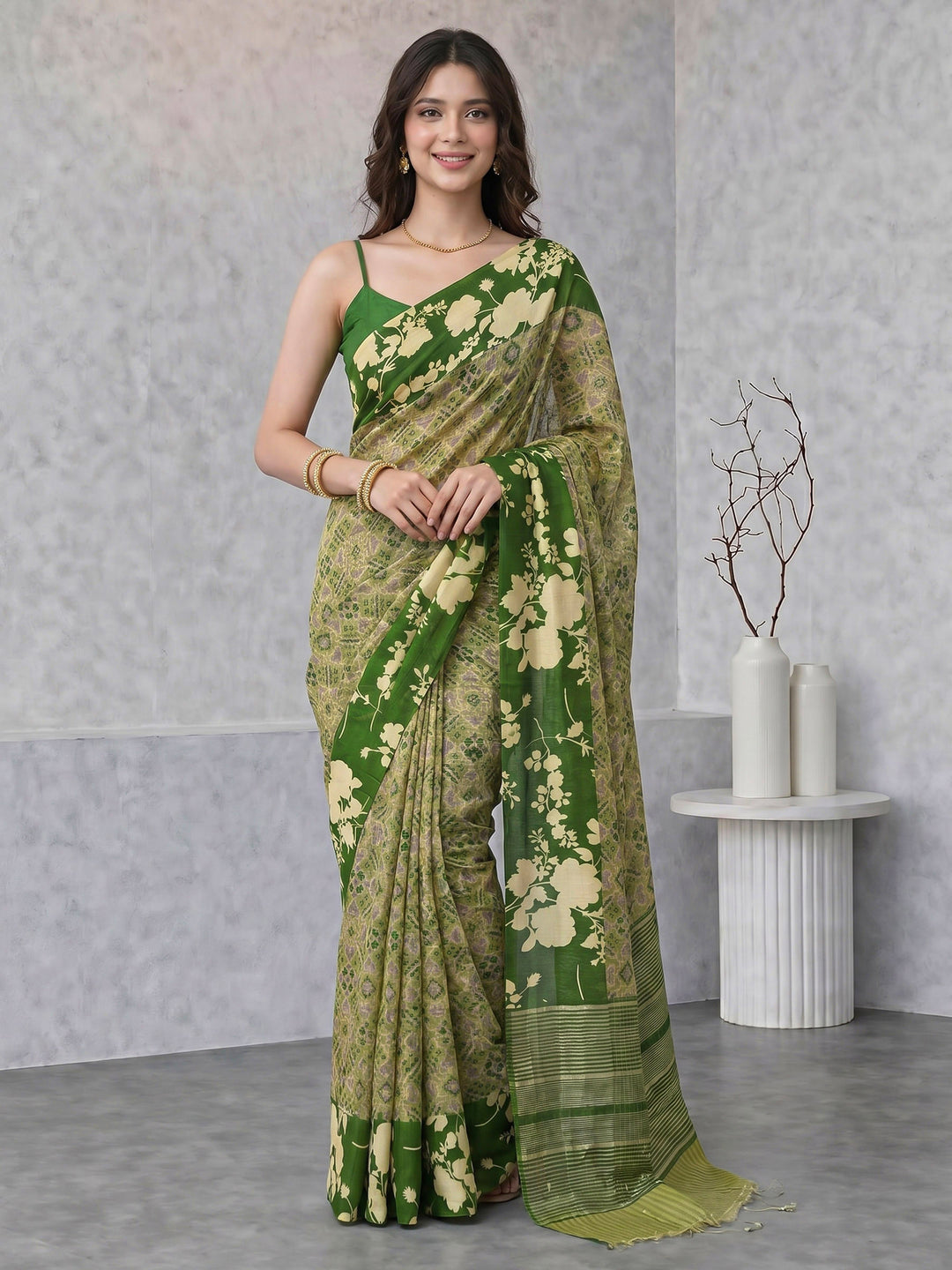 Green Digital Print Cotton Blend Saree