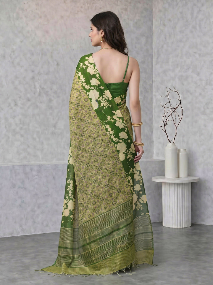 Green Digital Print Cotton Blend Saree