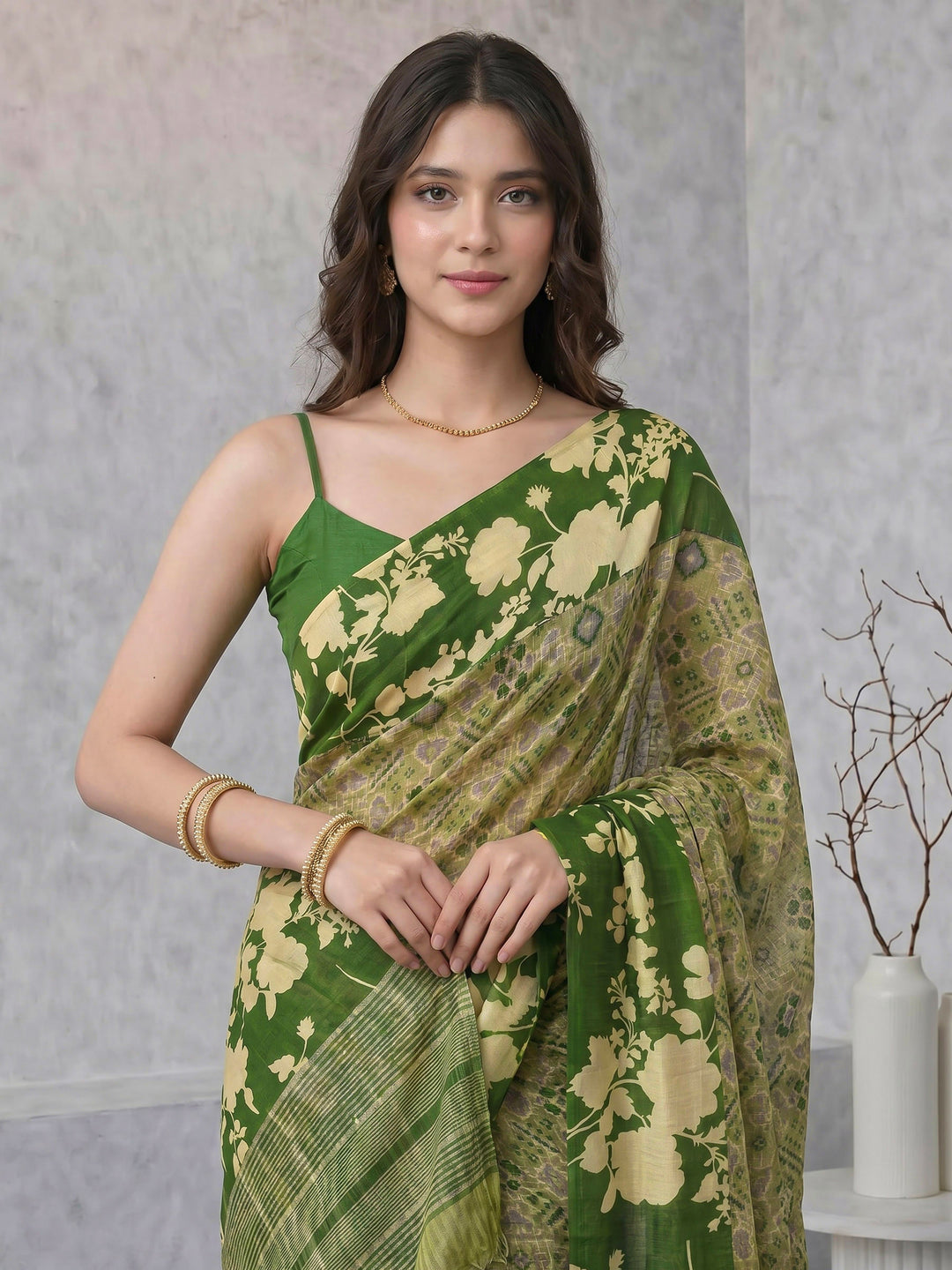 Green Digital Print Cotton Blend Saree