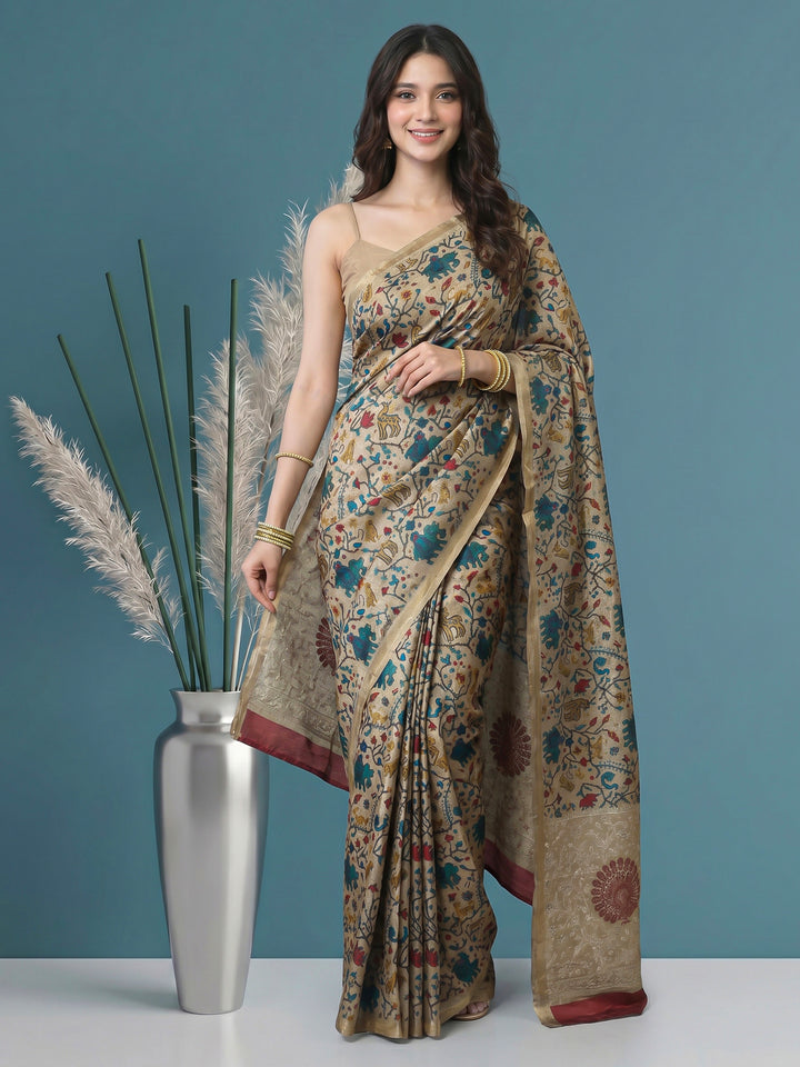 Beige Digital Print Tussar Silk Saree