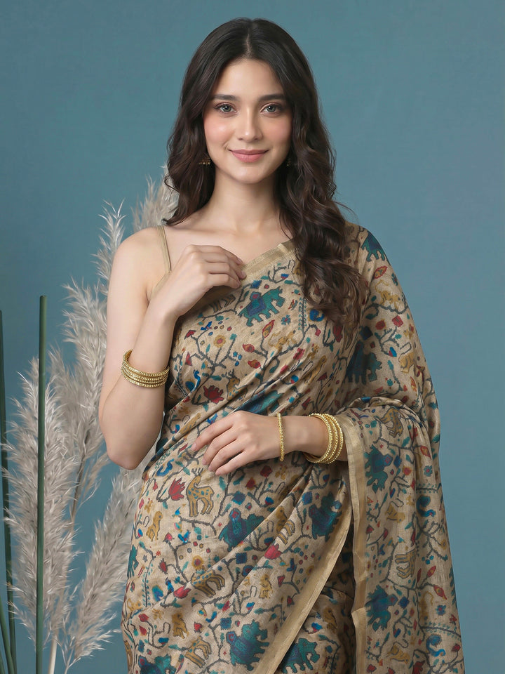 Beige Digital Print Tussar Silk Saree