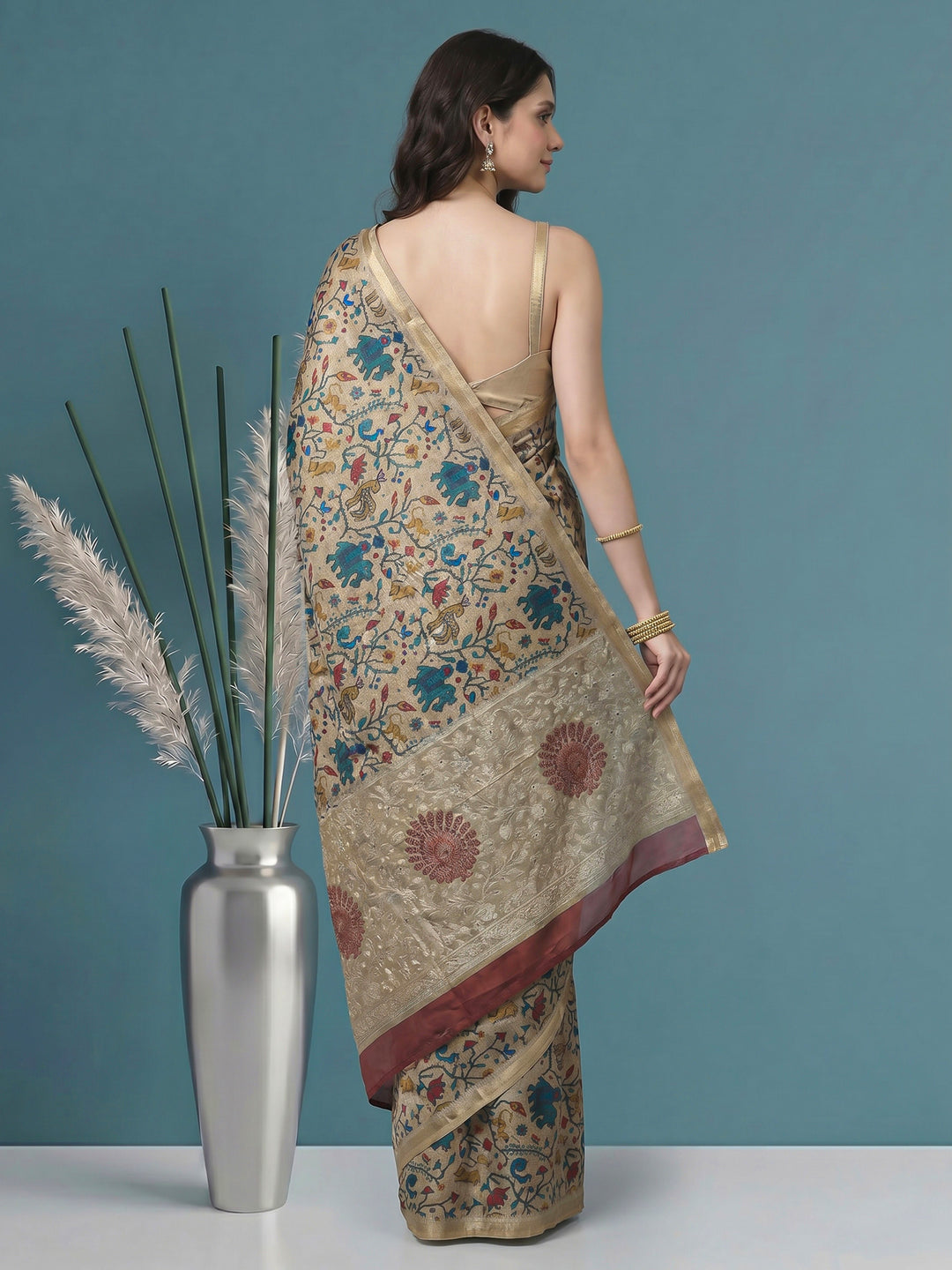 Beige Digital Print Tussar Silk Saree