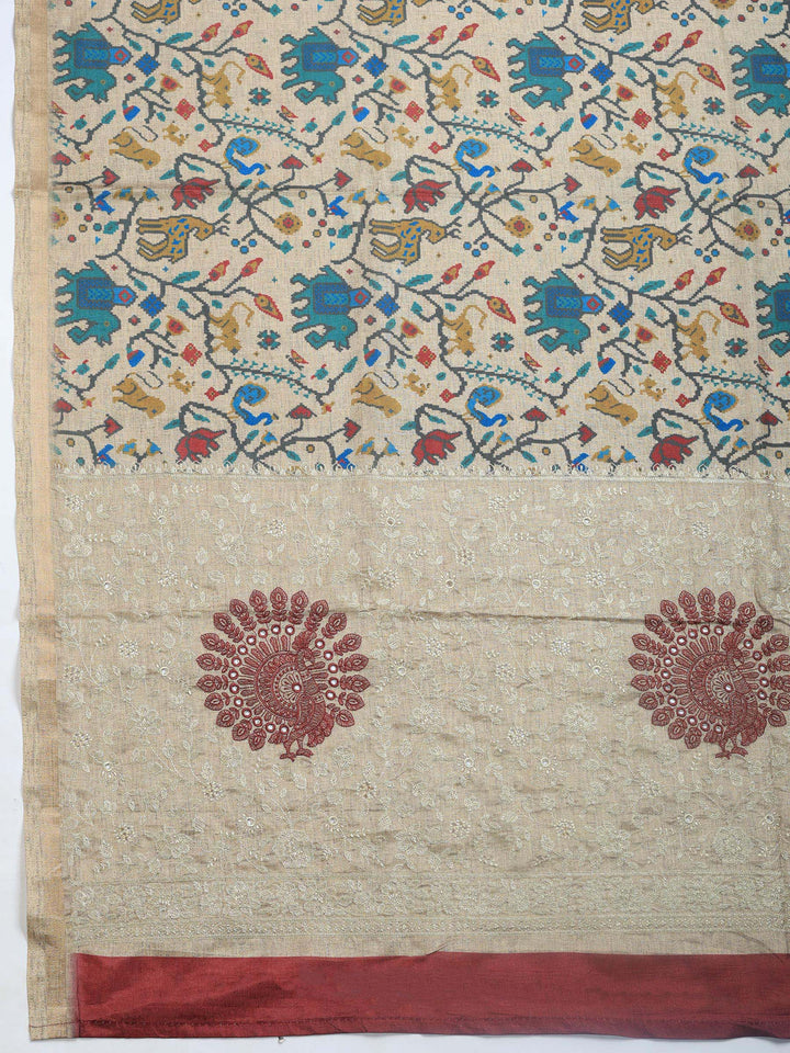 Beige Digital Print Tussar Silk Saree